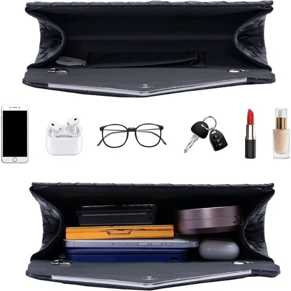 Women's Black 2 Clutch Purses Sparkling Envelope Evening Bag Detachable Chain - Picture 5 of 7